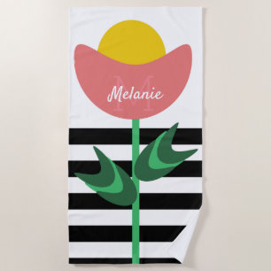 Organic Shapes Flower Bud Stripes Monogram Beach Towel