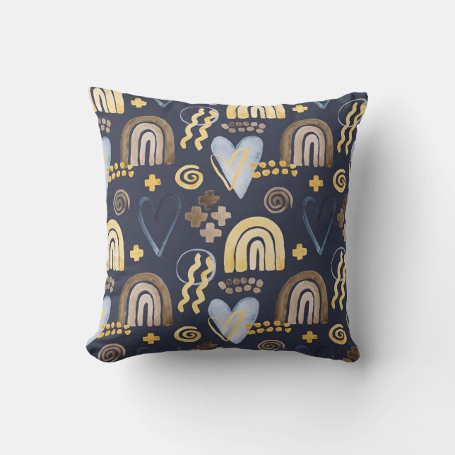 Organic shapes naive pattern with rainbow, heart.  cushion (Front)