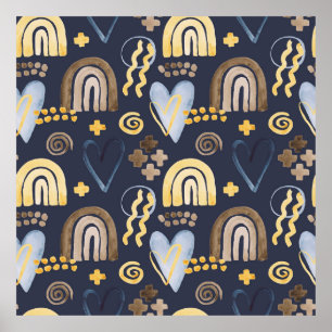 Organic shapes naive pattern with rainbow, heart. poster