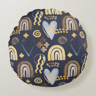 Organic shapes naive pattern with rainbow, heart. round cushion