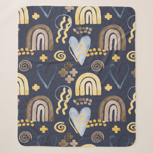 Organic shapes naive pattern with rainbow, heart.  sherpa blanket (Front)