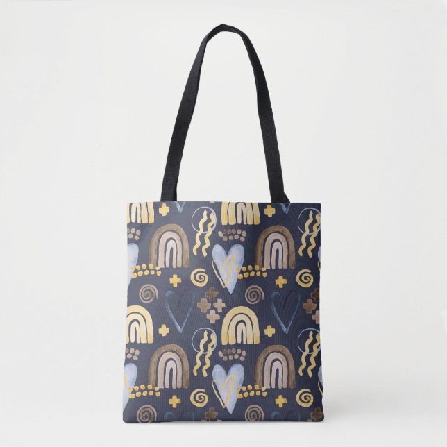 Organic shapes naive pattern with rainbow, heart.  tote bag (Front)