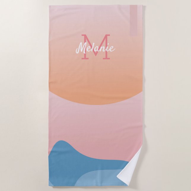 Organic Shapes Sunset Ombre Monogram Beach Towel (Front)