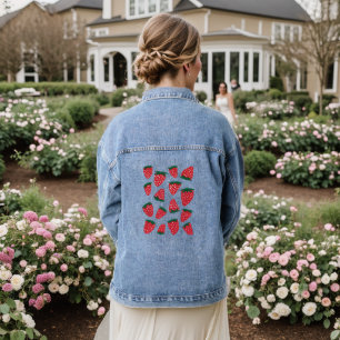 Organic summer strawberries - red and green denim jacket