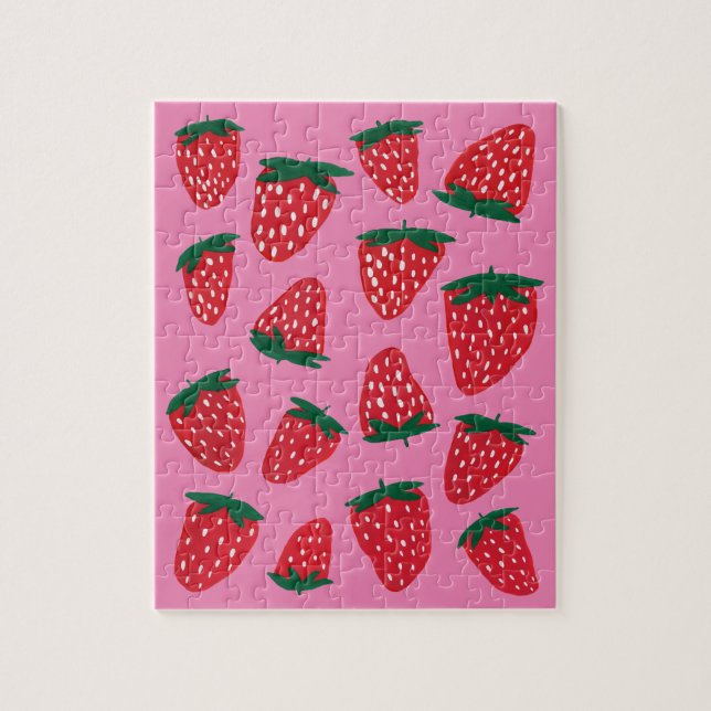 Organic summer strawberries red on pink background jigsaw puzzle (Vertical)