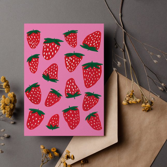 Organic summer strawberries red on pink background postcard (Creator Uploaded)