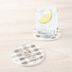 Organic Tan Cream Plaid Stripes Christmas Reindeer Coaster