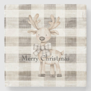 Organic Tan Cream Plaid Stripes Christmas Reindeer Stone Coaster