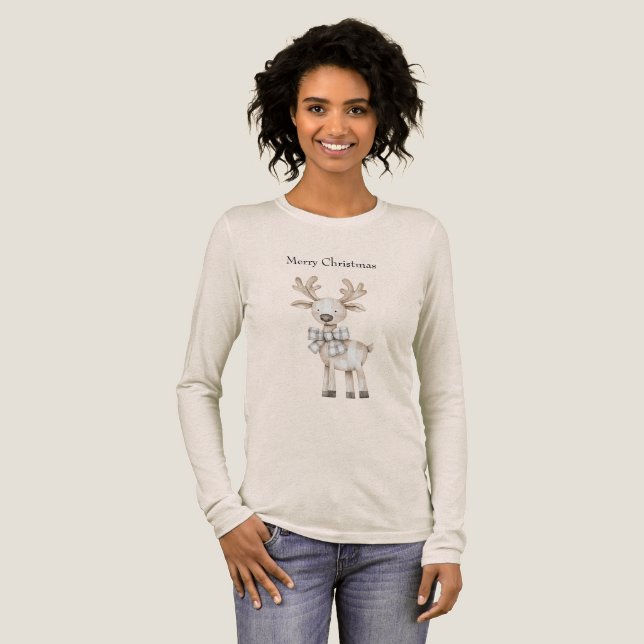 Organic Tan Cream Plaid Stripes Christmas Reindeer Tri-Blend Shirt (Full Front)