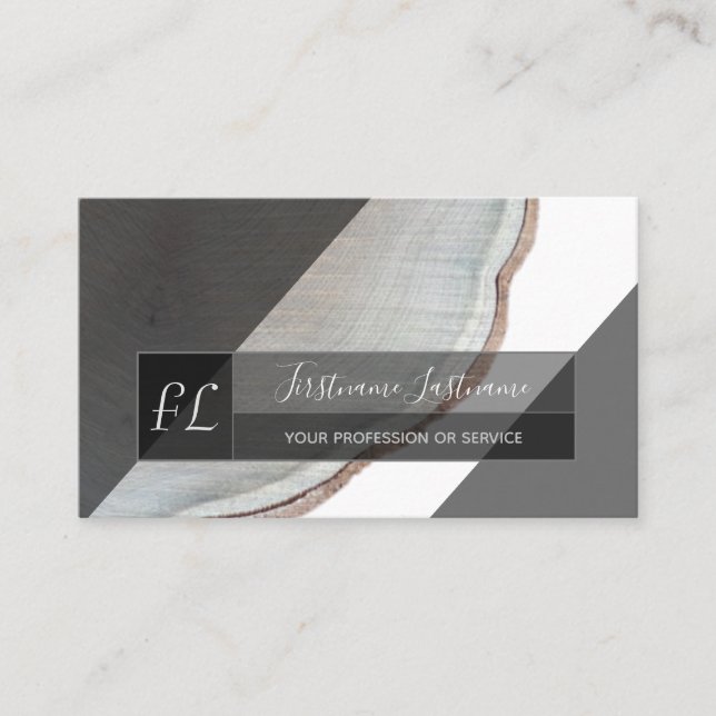 Organic wooden tree disc grey triangle monogram business card (Front)