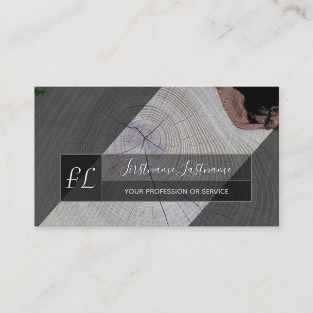 Organic wooden tree disc grey triangle monogram business card (Front)