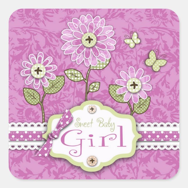 Organza Flowers Square Sticker Pink (Front)
