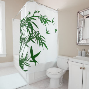Orient Accent Lush Green Bamboo & Swallow Birds Shower Curtain