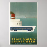 Orient Express Train Ferry Art Deco Poster<br><div class="desc">Reproduction of an Orient Express travel poster. Depicts an idea for a train ferry,  which was never realised. Wonderful Art Deco Style,  in aqua,  blue,  white,  yellow and a red smokestack on the ferry.</div>