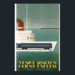 Orient Express Train Ferry Art Deco Poster<br><div class="desc">Reproduction of an Orient Express travel poster. Depicts an idea for a train ferry,  which was never realised. Wonderful Art Deco Style,  in aqua,  blue,  white,  yellow and a red smokestack on the ferry.</div>