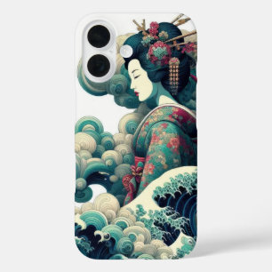 Oriental abstract Geisha Kanagawa waves clouds iPhone 16 Case