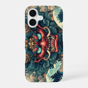 Oriental abstract Oni demon face Kanagawa waves iPhone 16 Case