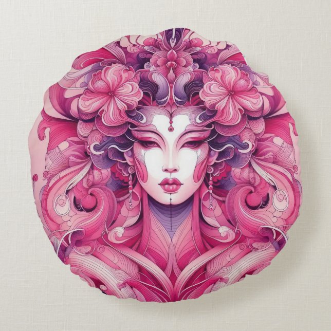 Oriental abstract symetrical Geisha pink flowers Round Cushion (Back)