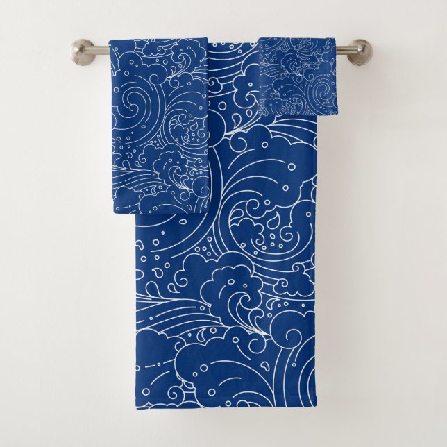 Oriental abstract water waves pattern bath towel set (Insitu)