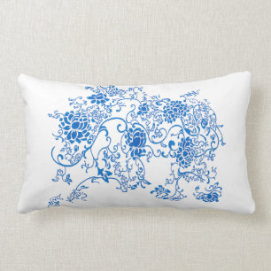 Oriental Accent Blue and White Porcelain Floral Lumbar Cushion