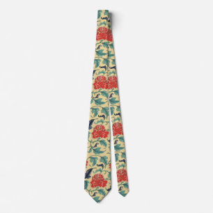 Oriental Antique Botanical Illustration of Peonies Tie