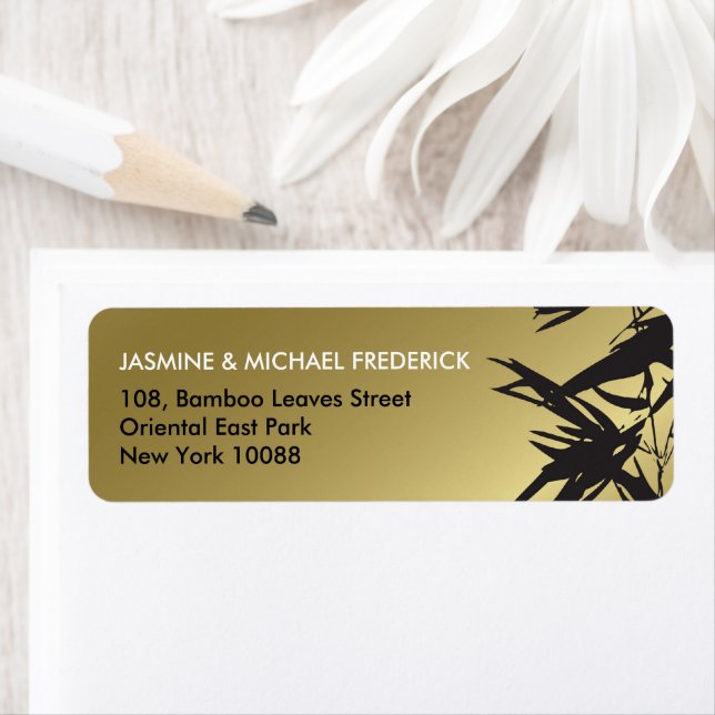 Oriental Bamboo Leaves Black Gold Return Address (Insitu)