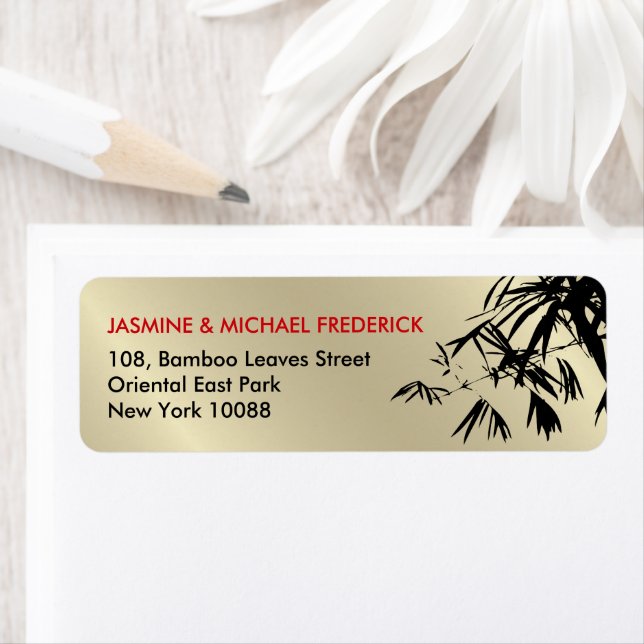 Oriental Bamboo Leaves Black Gold Return Address (Insitu)