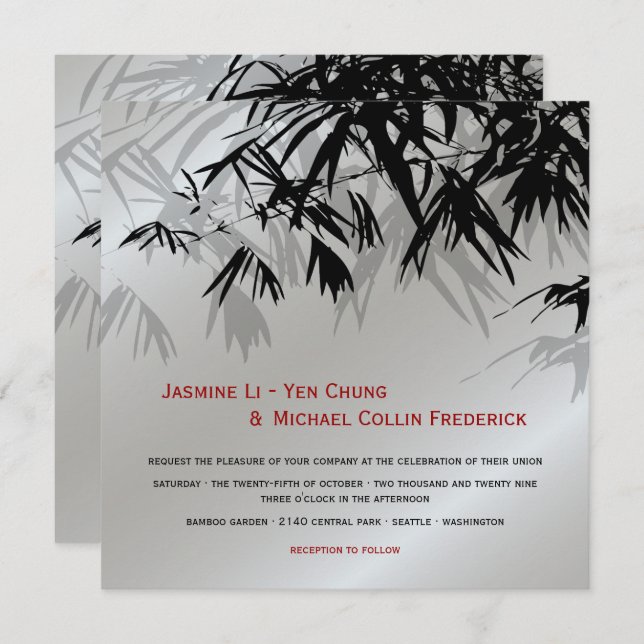 Oriental Bamboo Leaves Black Silver Asian Wedding Invitation (Front/Back)