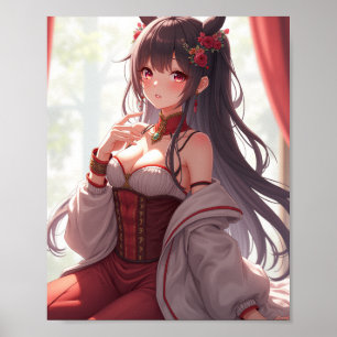Oriental Beauty: Anime Girl in a Red Corset Poster