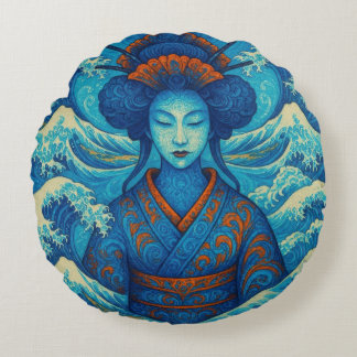 Oriental beauty Geisha Kanagawa blue waves Round Cushion