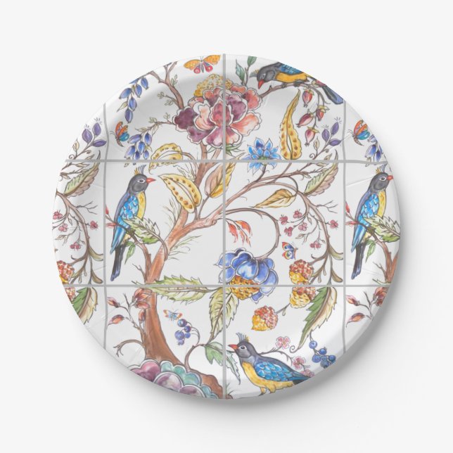 Oriental Bird Floral Colourful Elegant Chinoiserie Paper Plate (Front)