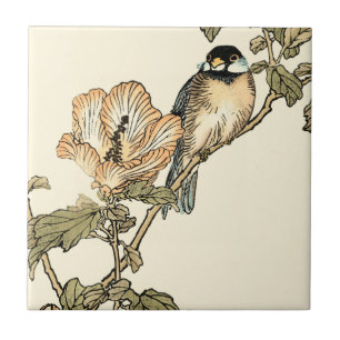 Oriental Bird Perched on Branch Tile