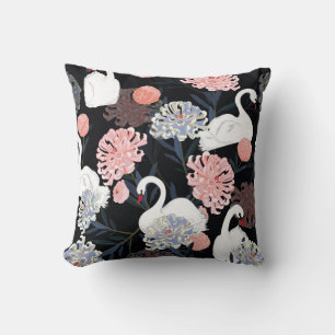 Oriental Blooming Flowers Swan Pattern Cushion