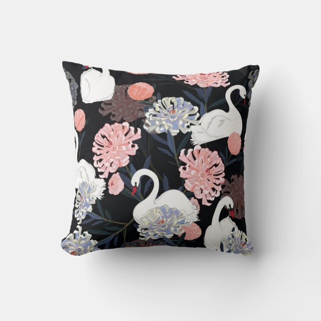 Oriental Blooming Flowers Swan Pattern Cushion (Front)