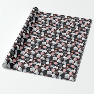 Oriental Blooming Flowers Swan Pattern Wrapping Paper