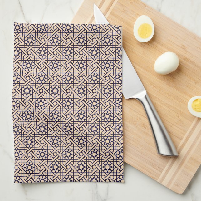 Oriental Blue Beige Moroccan Geometric Pattern Tea Towel (Quarter Fold)
