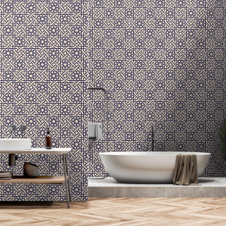 Oriental Blue Beige Moroccan Geometric Pattern Wallpaper