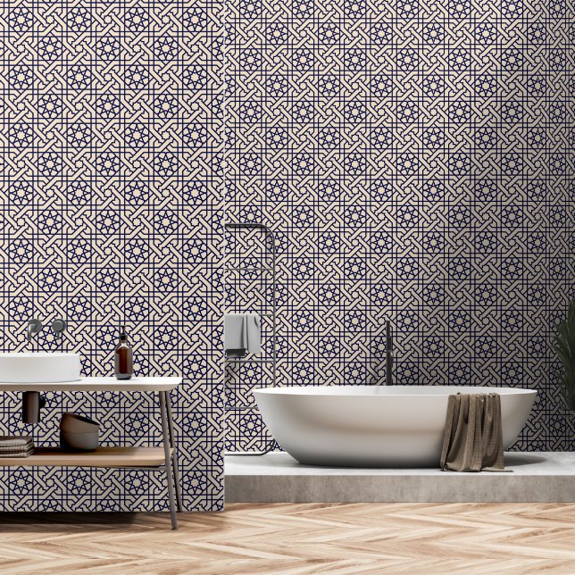 Oriental Blue Beige Moroccan Geometric Pattern Wallpaper (Bathroom)
