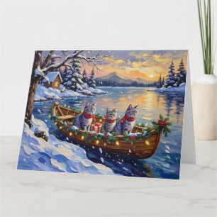 Oriental Blue Cat Christmas Boat Holiday Card