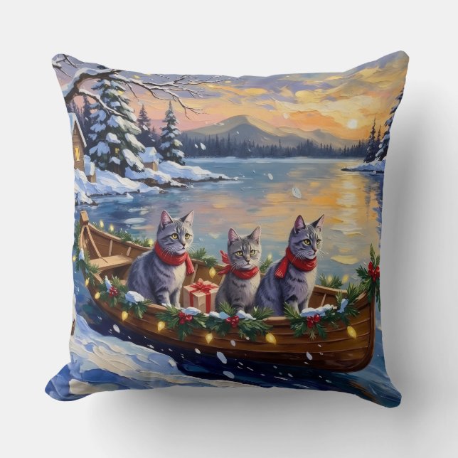 Oriental Blue Cat Christmas Boat Holiday Cushion (Front)
