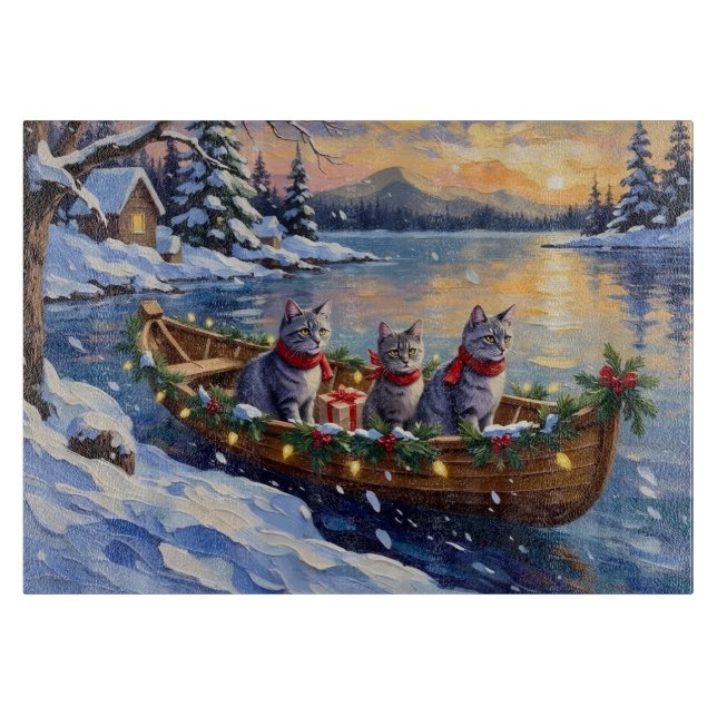 Oriental Blue Cat Christmas Boat Holiday Cutting Board (Front)