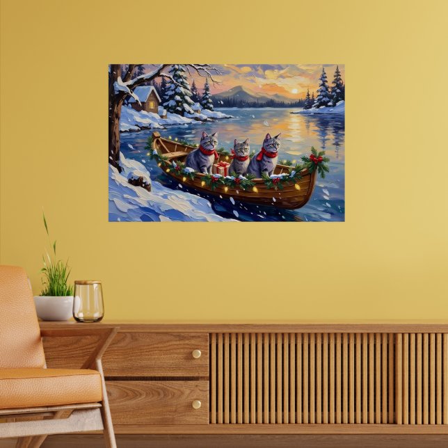 Oriental Blue Cat Christmas Boat Holiday Poster (Living Room 2)