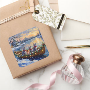 Oriental Blue Cat Christmas Boat Holiday Square Sticker