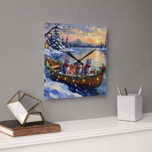 Oriental Blue Cat Christmas Boat Holiday Square Wall Clock