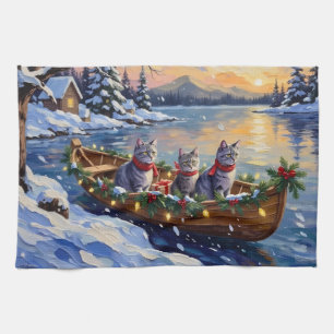 Oriental Blue Cat Christmas Boat Holiday Tea Towel