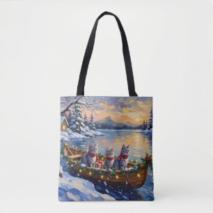 Oriental Blue Cat Christmas Boat Holiday Tote Bag