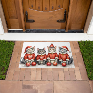 Oriental Blue Cat Christmas Dress Santa Hat Doormat