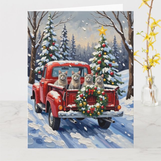 Oriental Blue Cat Christmas Red Truck Holiday Card (Yellow Flower)