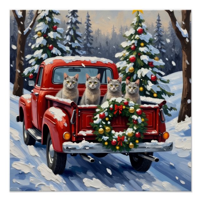 Oriental Blue Cat Christmas Red Truck Holiday Poster (Front)