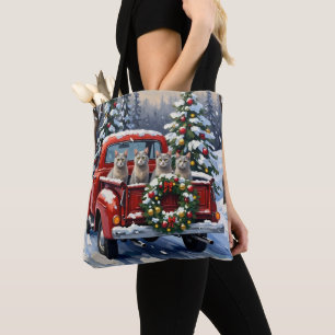 Oriental Blue Cat Christmas Red Truck Holiday Tote Bag